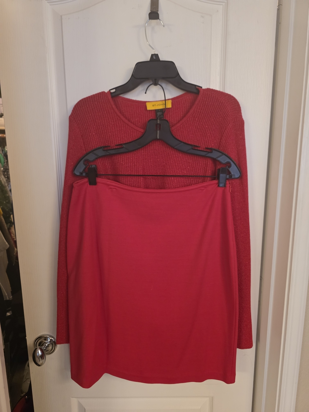 St. John Red Knit Sweater and Skirt Set